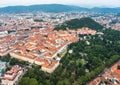 City Graz center aerial view with SchloÃÅ¸berg, Uhrturm, central park